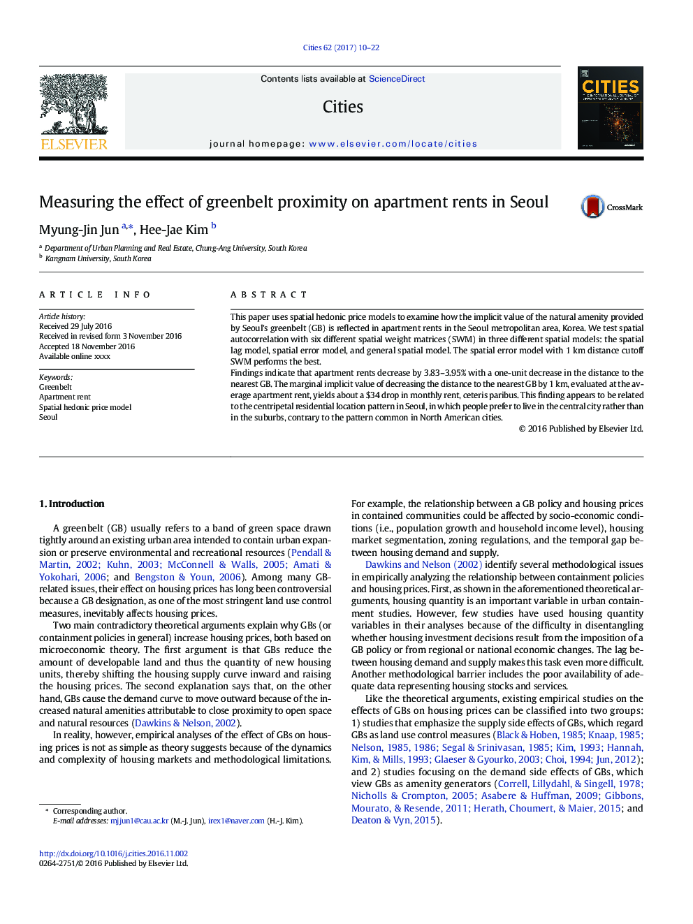 Measuring the effect of greenbelt proximity on apartment rents in Seoul