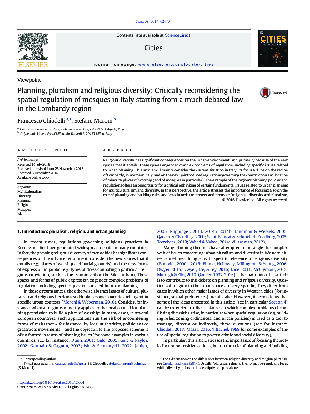 Planning, pluralism and religious diversity: Critically reconsidering the spatial regulation of mosques in Italy starting from a much debated law in the Lombardy region