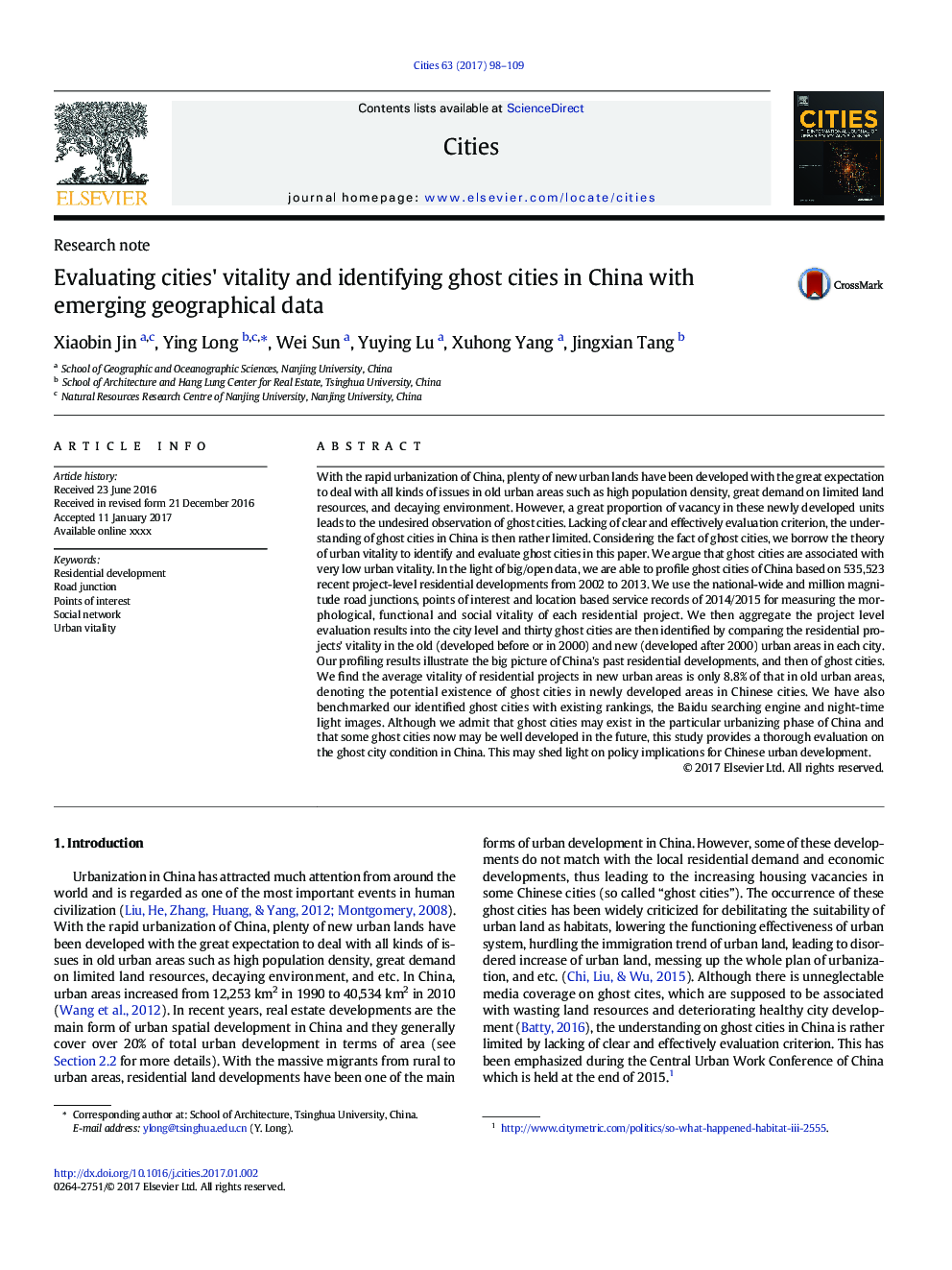 Evaluating cities' vitality and identifying ghost cities in China with emerging geographical data