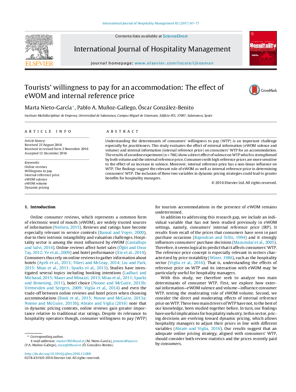 Tourists' willingness to pay for an accommodation: The effect of eWOM and internal reference price