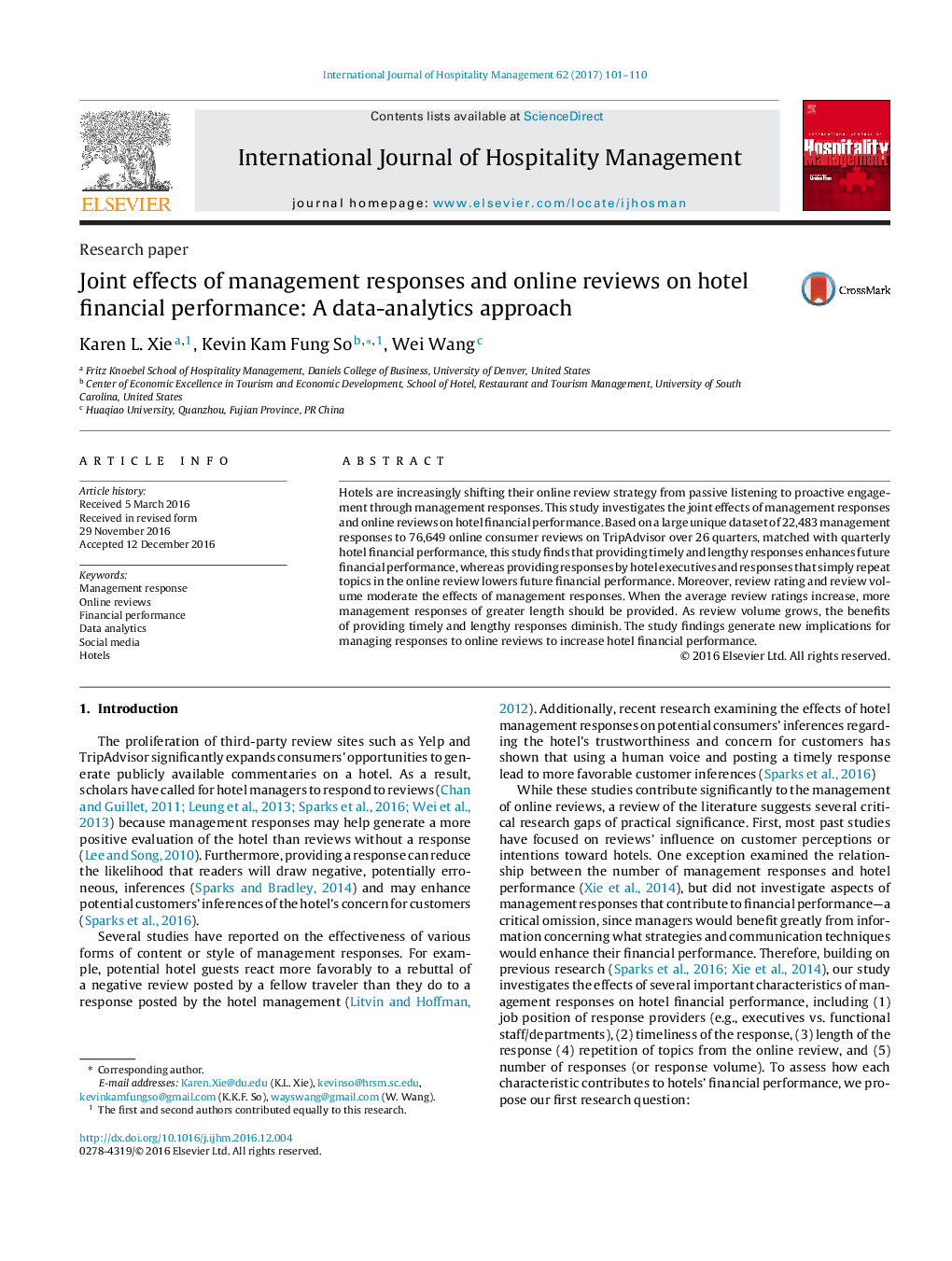 Joint effects of management responses and online reviews on hotel financial performance: A data-analytics approach