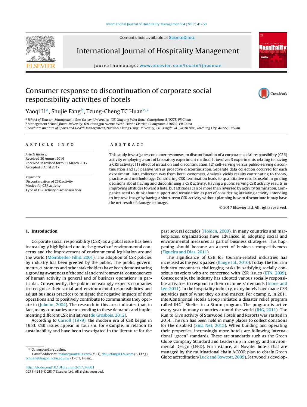 Consumer response to discontinuation of corporate social responsibility activities of hotels