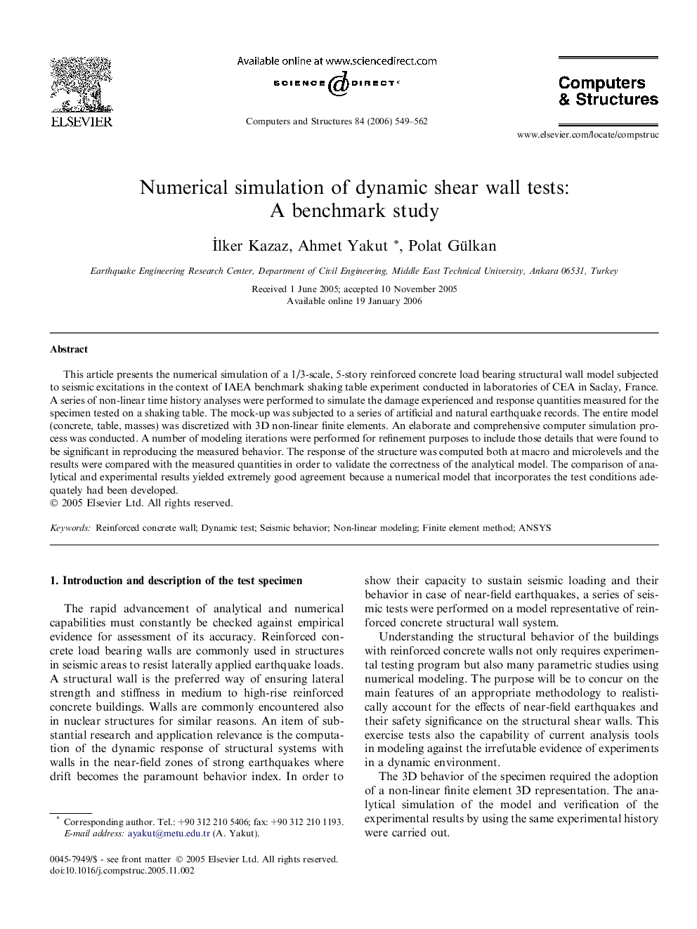 Numerical simulation of dynamic shear wall tests: A benchmark study