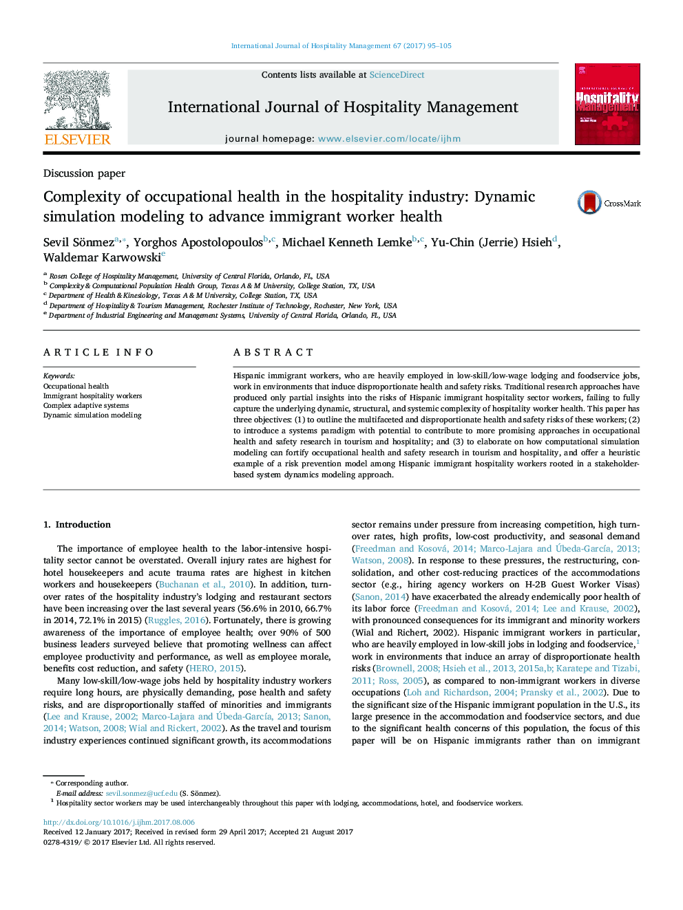 Complexity of occupational health in the hospitality industry: Dynamic simulation modeling to advance immigrant worker health