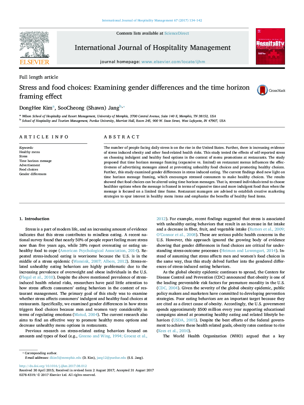 Stress and food choices: Examining gender differences and the time horizon framing effect