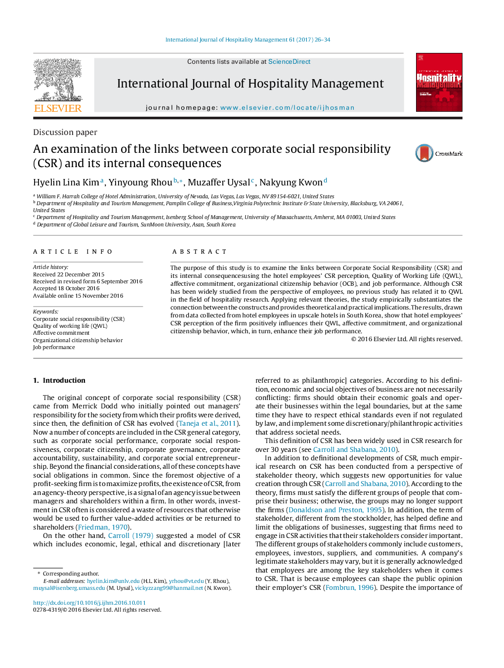 An examination of the links between corporate social responsibility (CSR) and its internal consequences