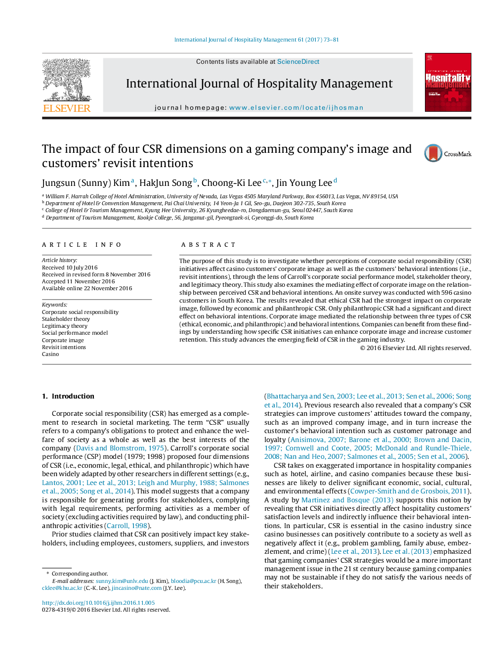 The impact of four CSR dimensions on a gaming company's image and customers' revisit intentions