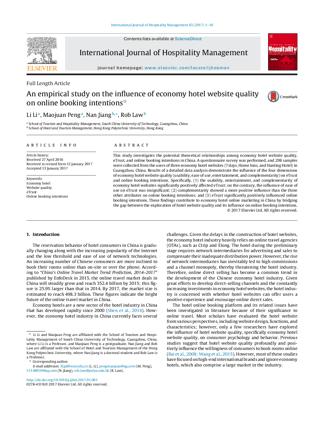 An empirical study on the influence of economy hotel website quality on online booking intentions