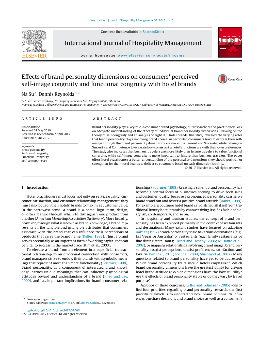 Effects of brand personality dimensions on consumers' perceived self-image congruity and functional congruity with hotel brands