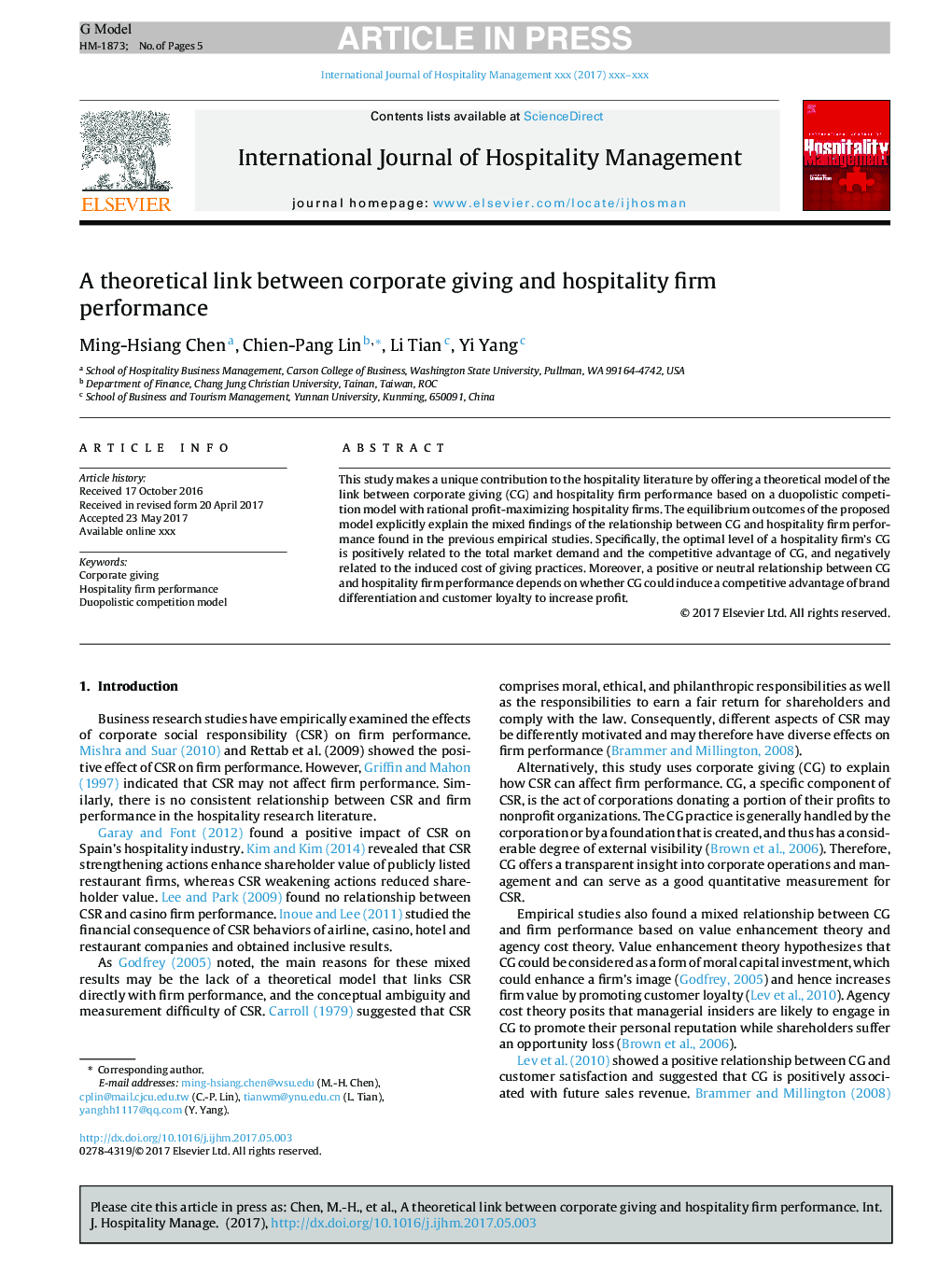 A theoretical link between corporate giving and hospitality firm performance