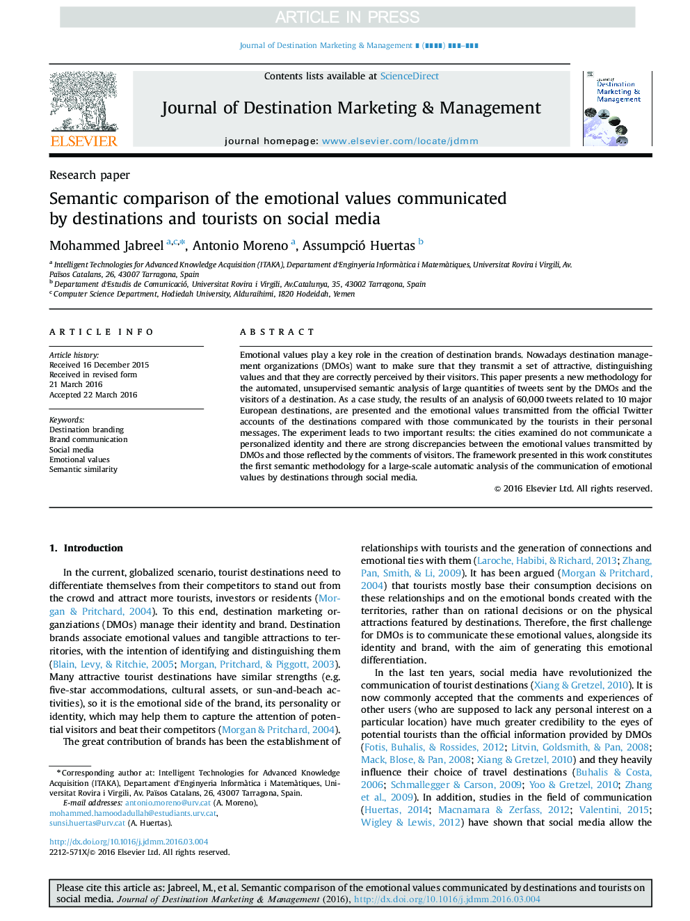 Semantic comparison of the emotional values communicated by destinations and tourists on social media