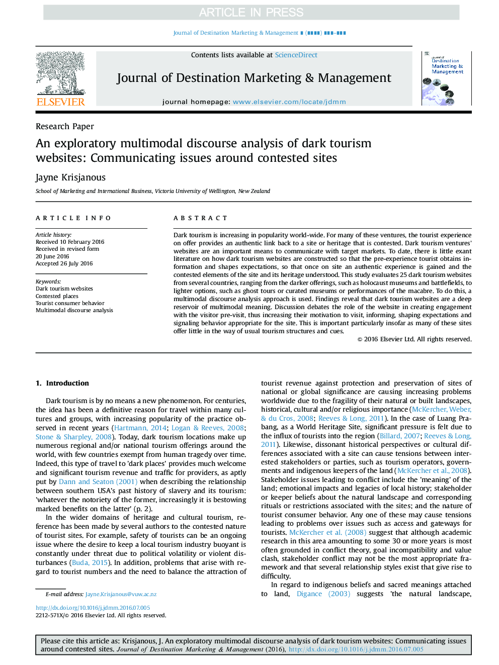 An exploratory multimodal discourse analysis of dark tourism websites: Communicating issues around contested sites