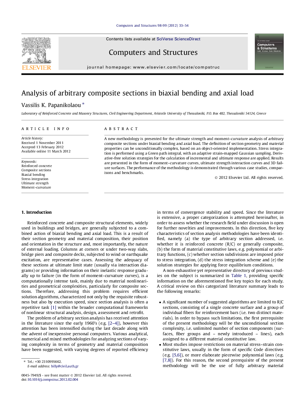 Analysis of arbitrary composite sections in biaxial bending and axial load