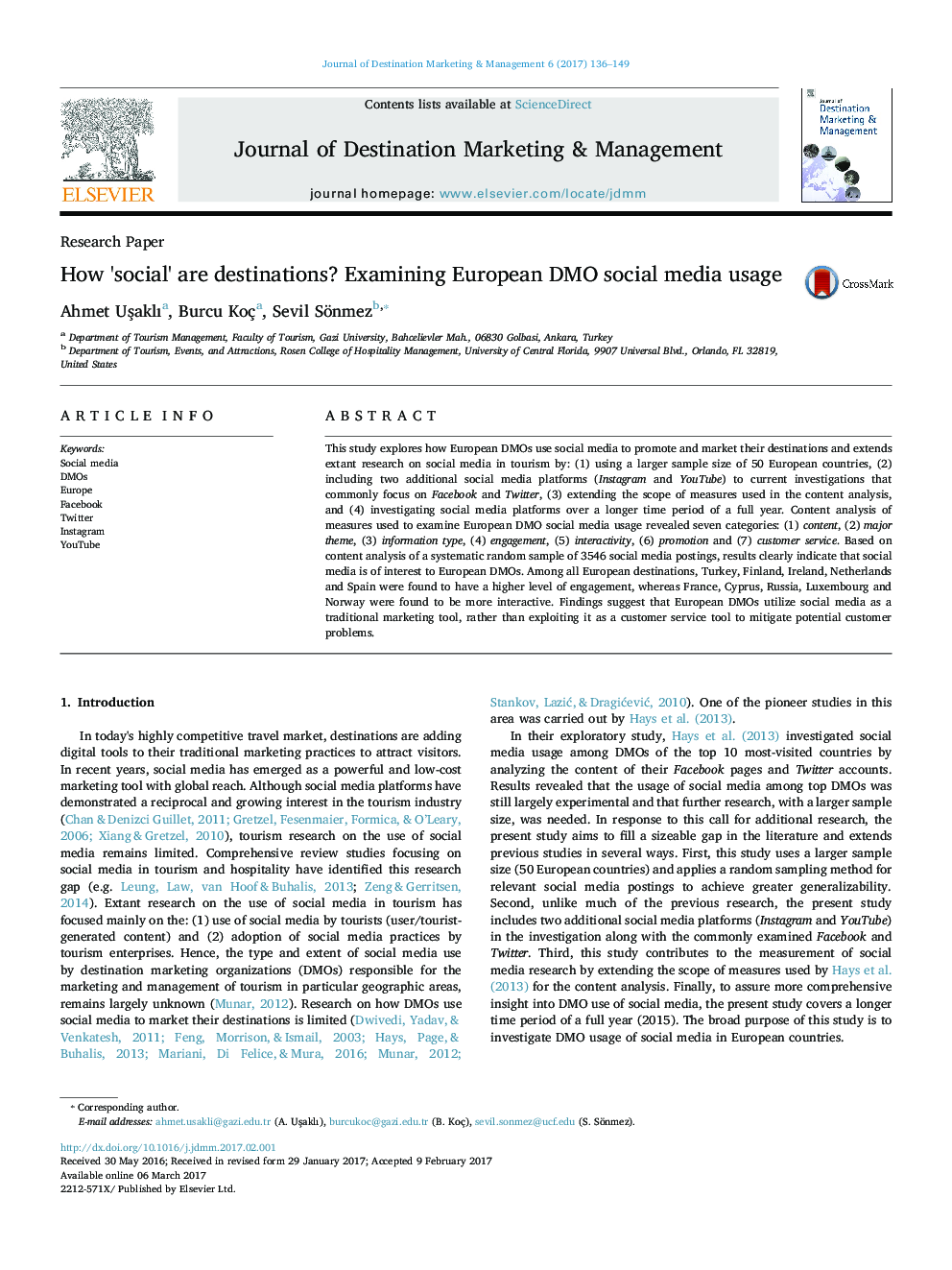 Research PaperHow 'social' are destinations? Examining European DMO social media usage