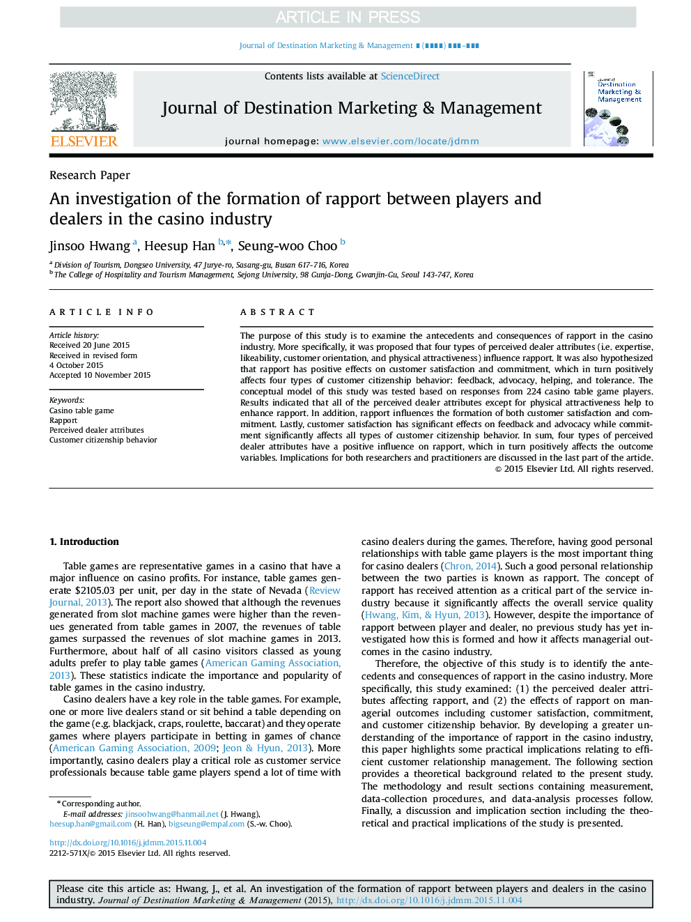 An investigation of the formation of rapport between players and dealers in the casino industry