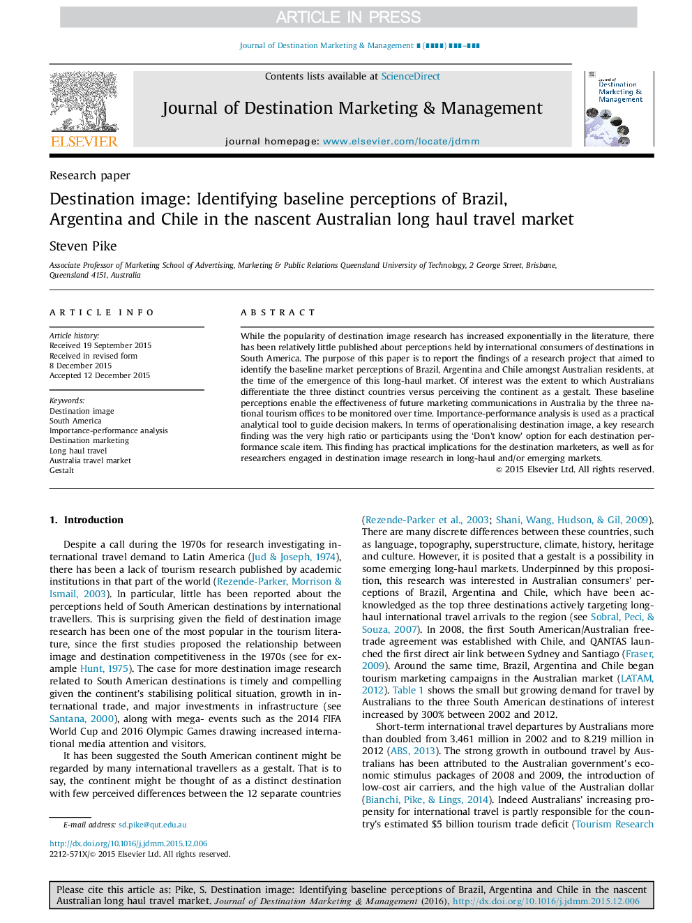 Destination image: Identifying baseline perceptions of Brazil, Argentina and Chile in the nascent Australian long haul travel market