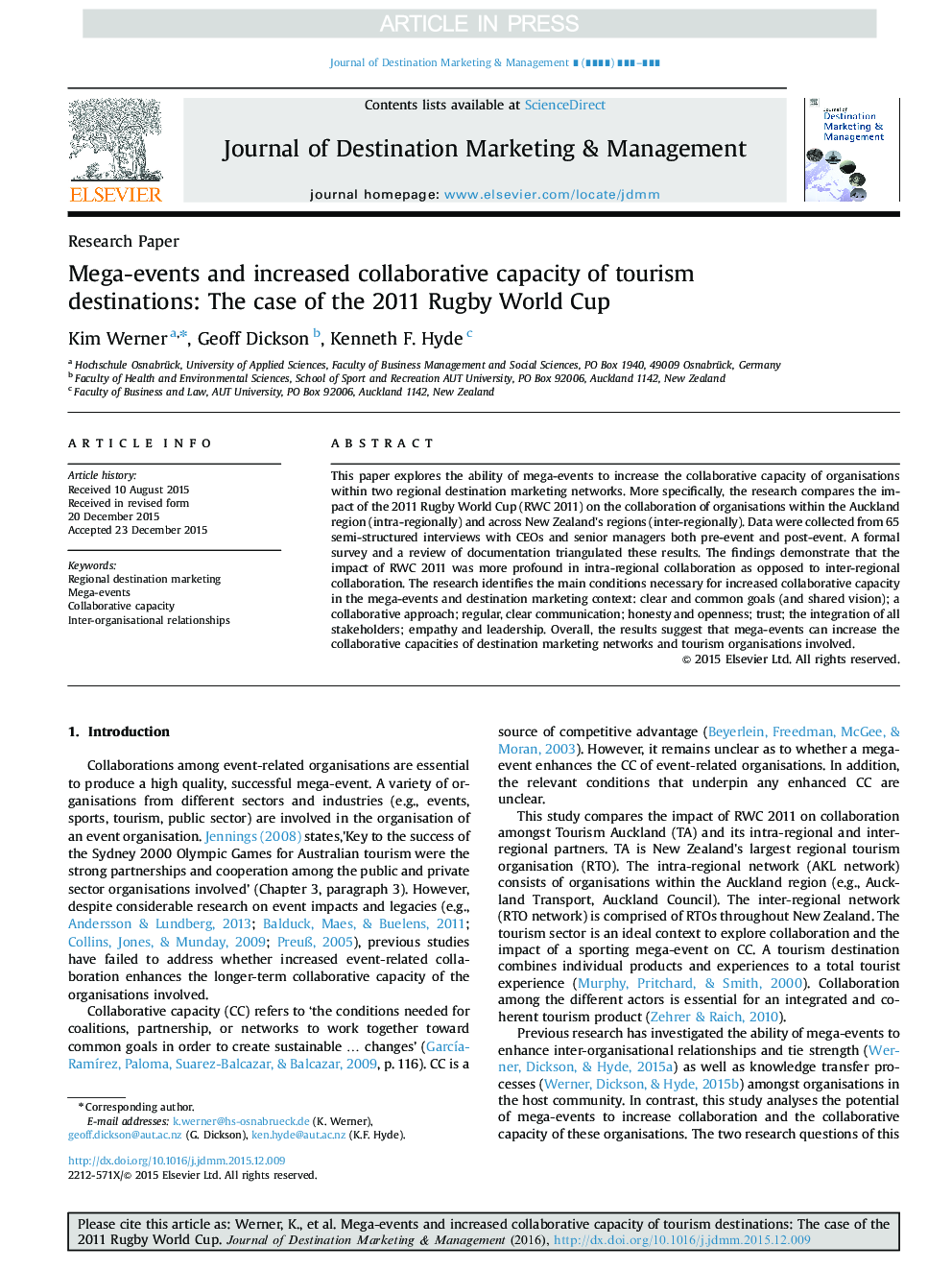 Mega-events and increased collaborative capacity of tourism destinations: The case of the 2011 Rugby World Cup