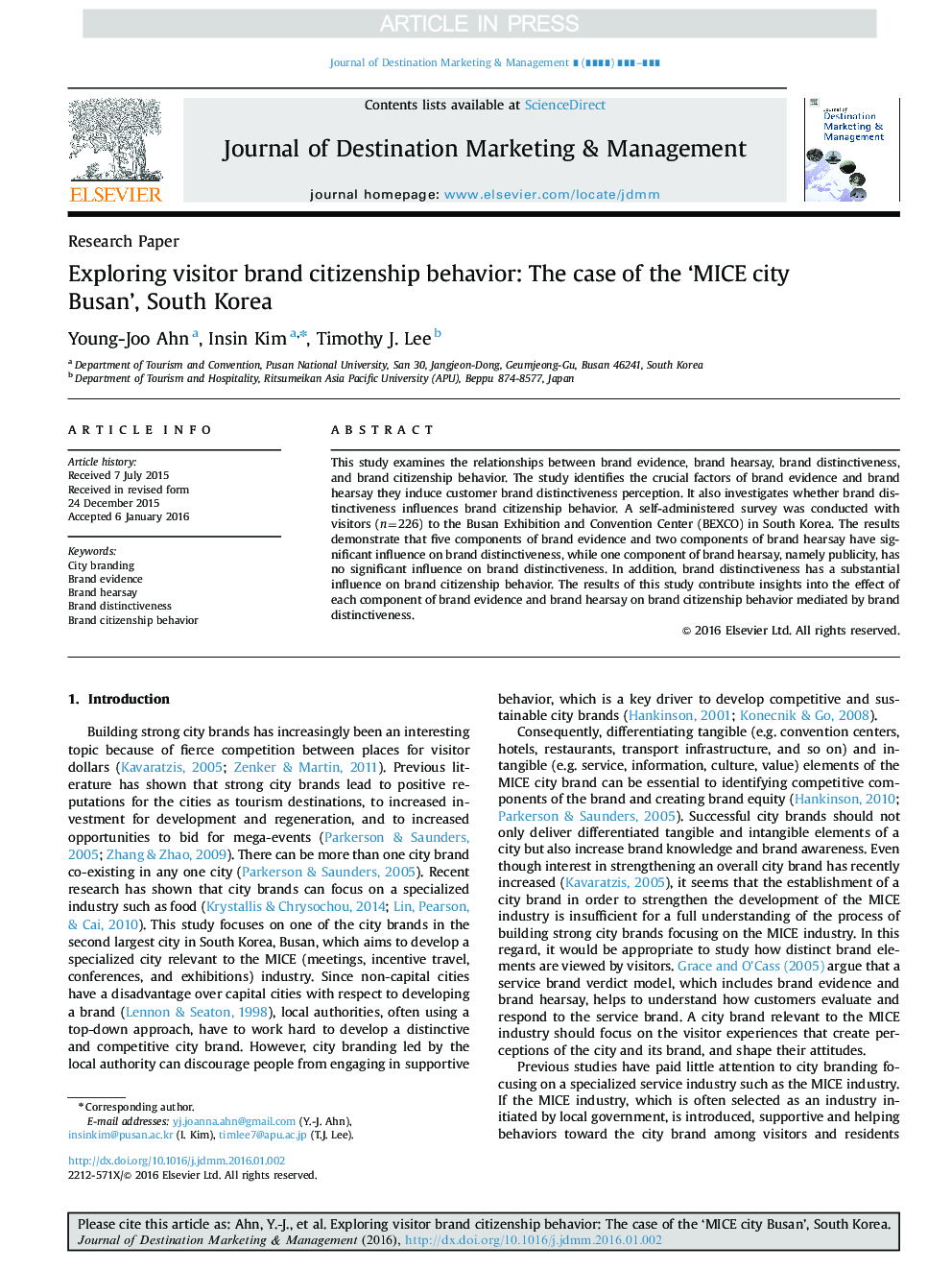 Exploring visitor brand citizenship behavior: The case of the 'MICE city Busan', South Korea