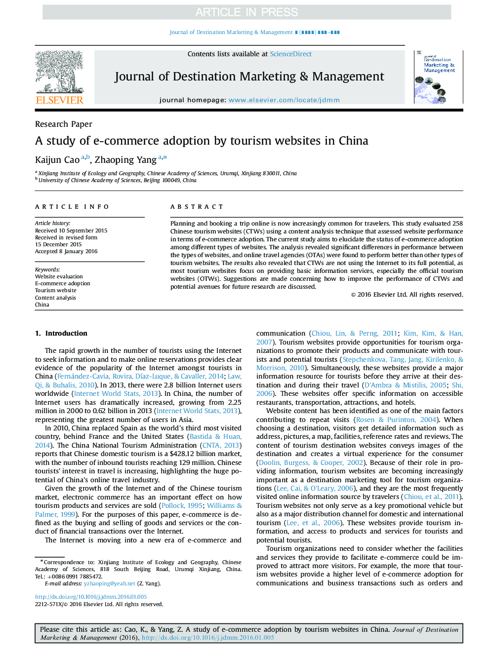 A study of e-commerce adoption by tourism websites in China