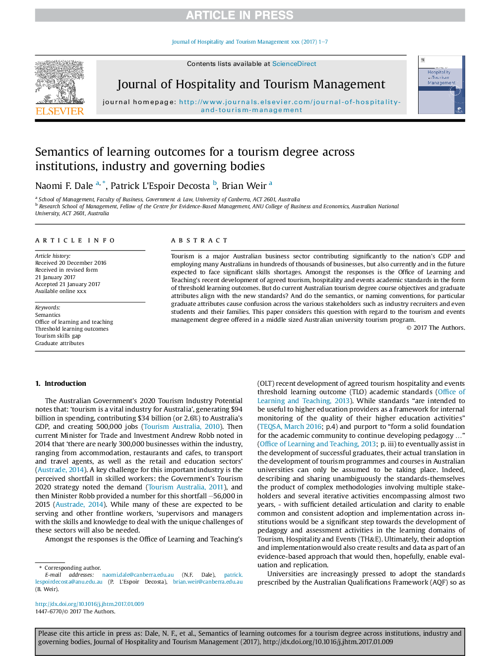 Semantics of learning outcomes for a tourism degree across institutions, industry and governing bodies