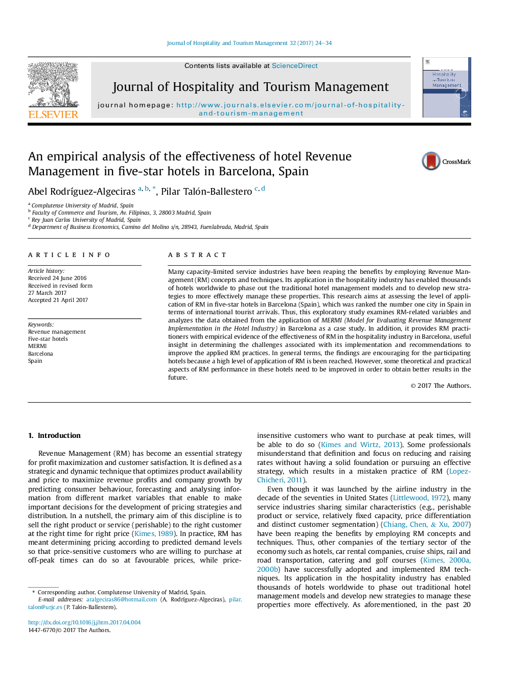 An empirical analysis of the effectiveness of hotel Revenue Management in five-star hotels in Barcelona, Spain