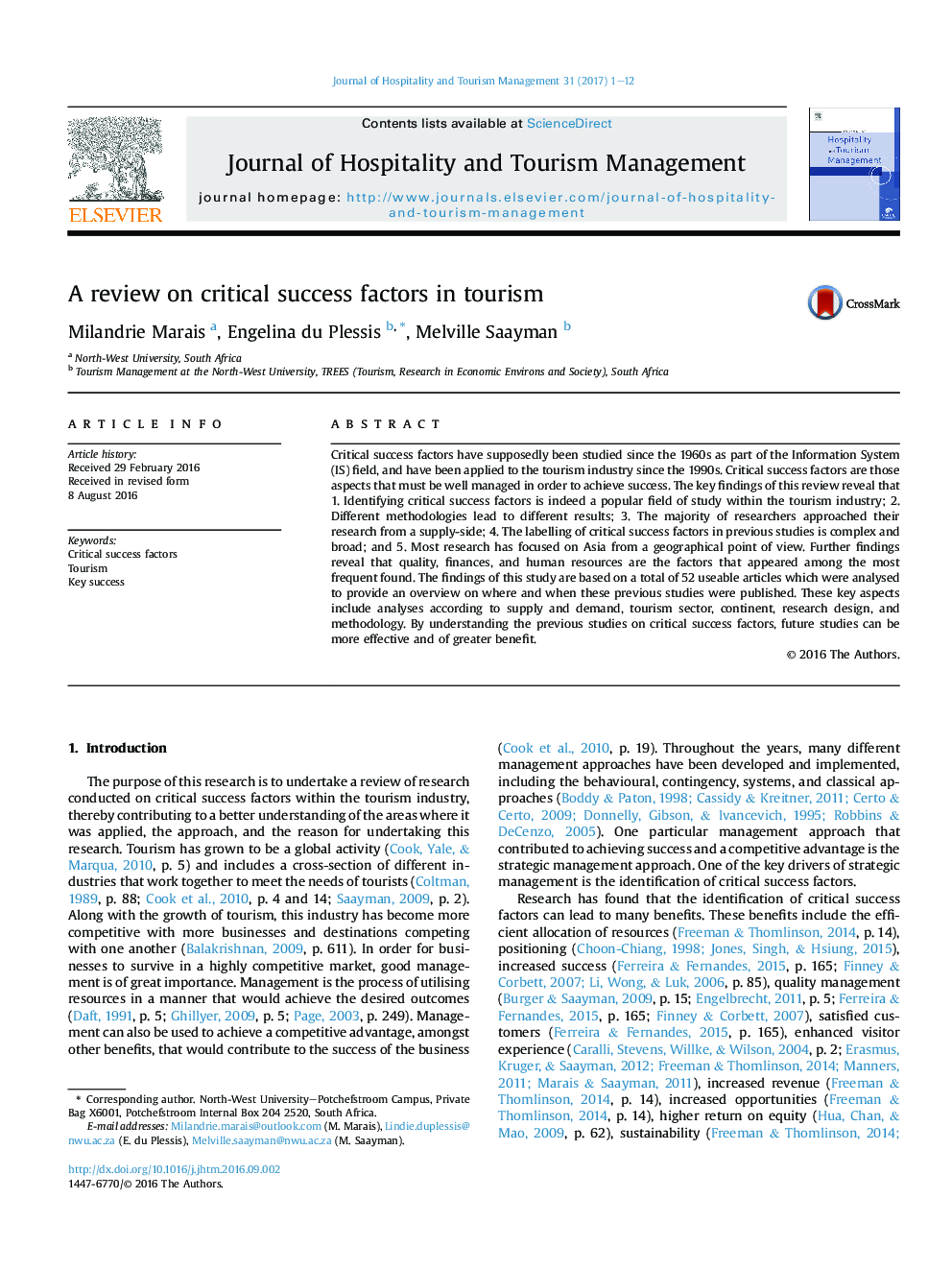 A review on critical success factors in tourism