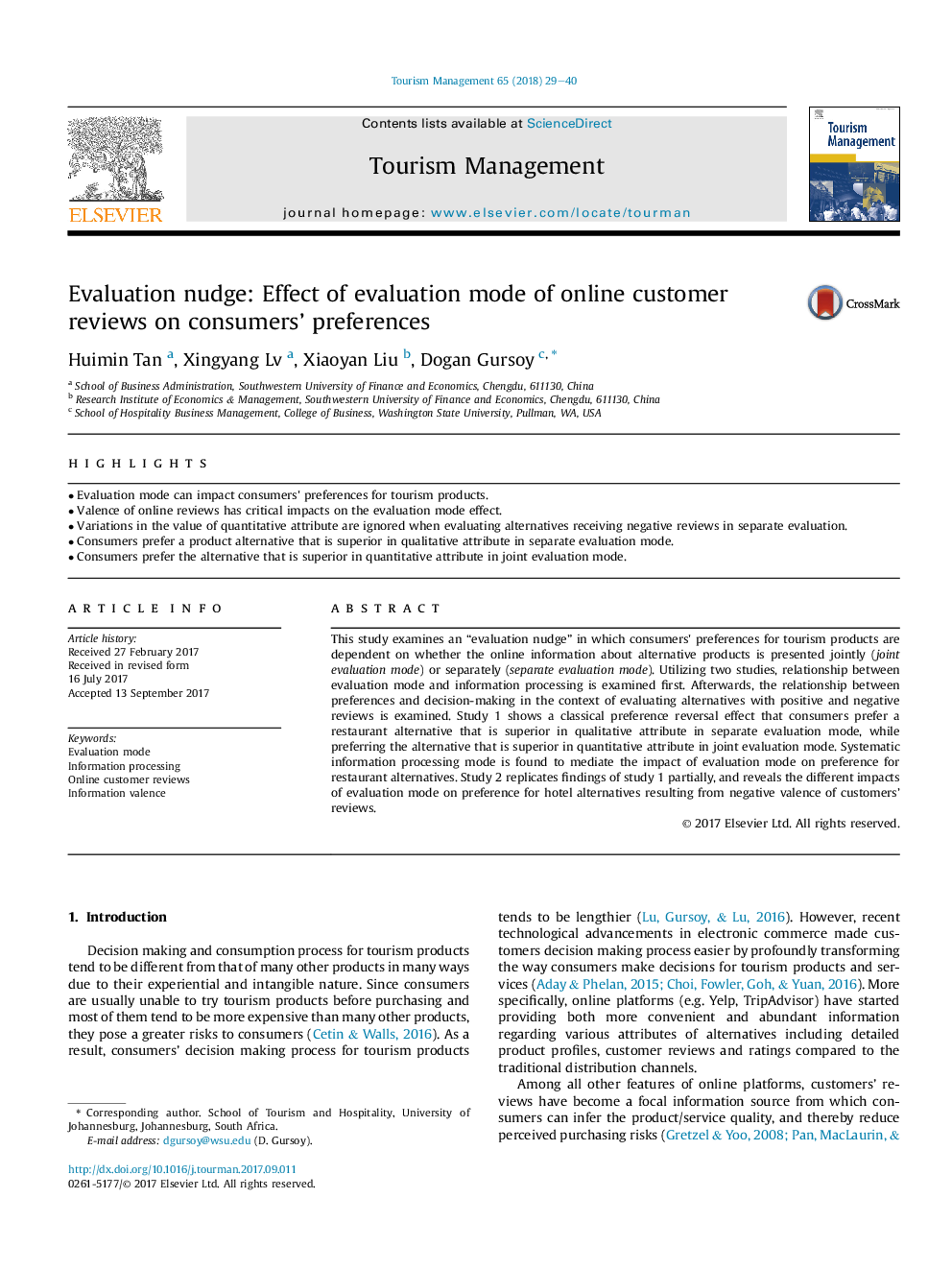 Evaluation nudge: Effect of evaluation mode of online customer reviews on consumers' preferences