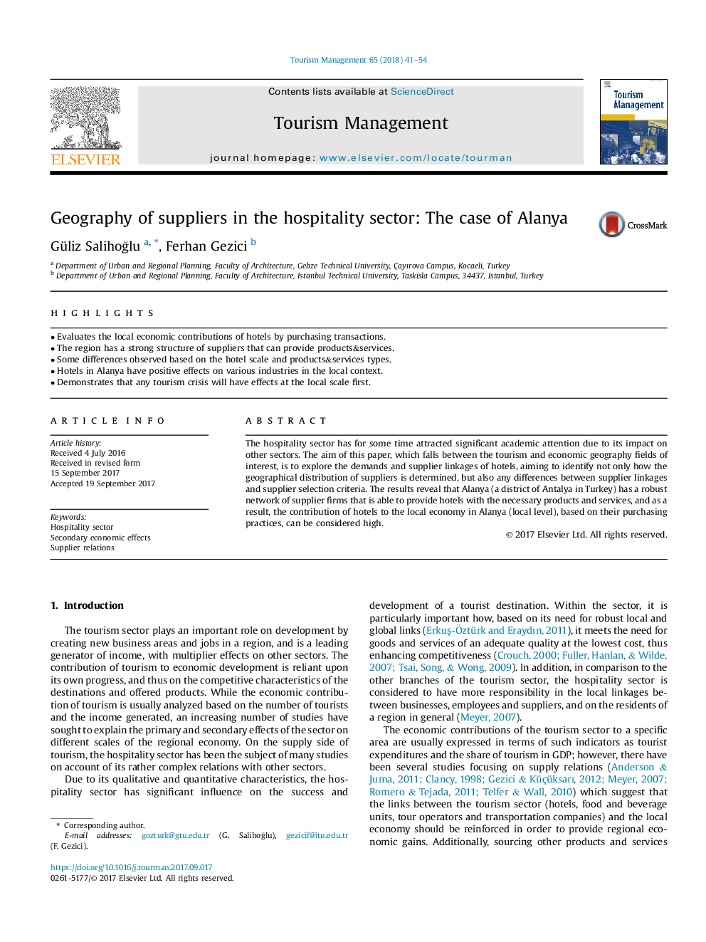 Geography of suppliers in the hospitality sector: The case of Alanya