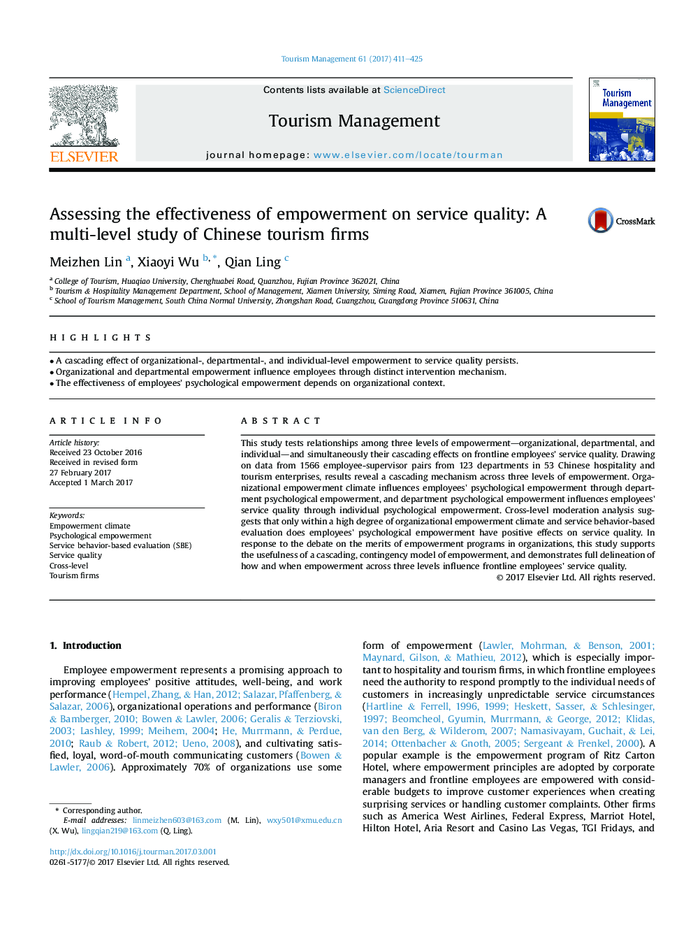 ارزیابی اثربخشی توانمندسازی بر کیفیت خدمات: یک مطالعه چند سطحی از شرکت های گردشگری چینی 