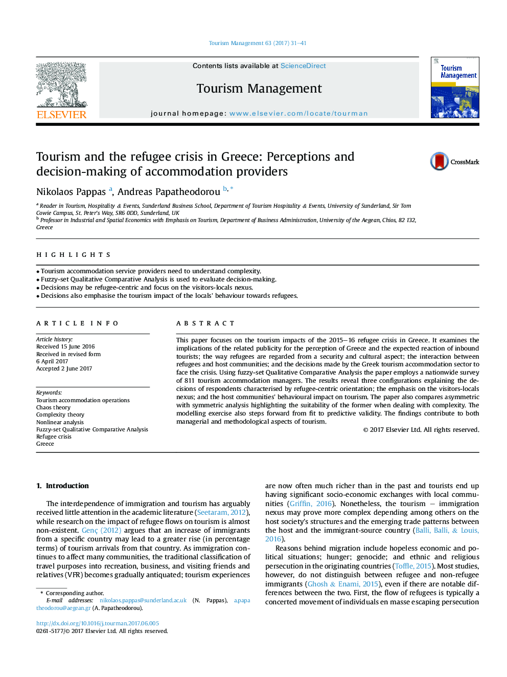 Tourism and the refugee crisis in Greece: Perceptions and decision-making of accommodation providers