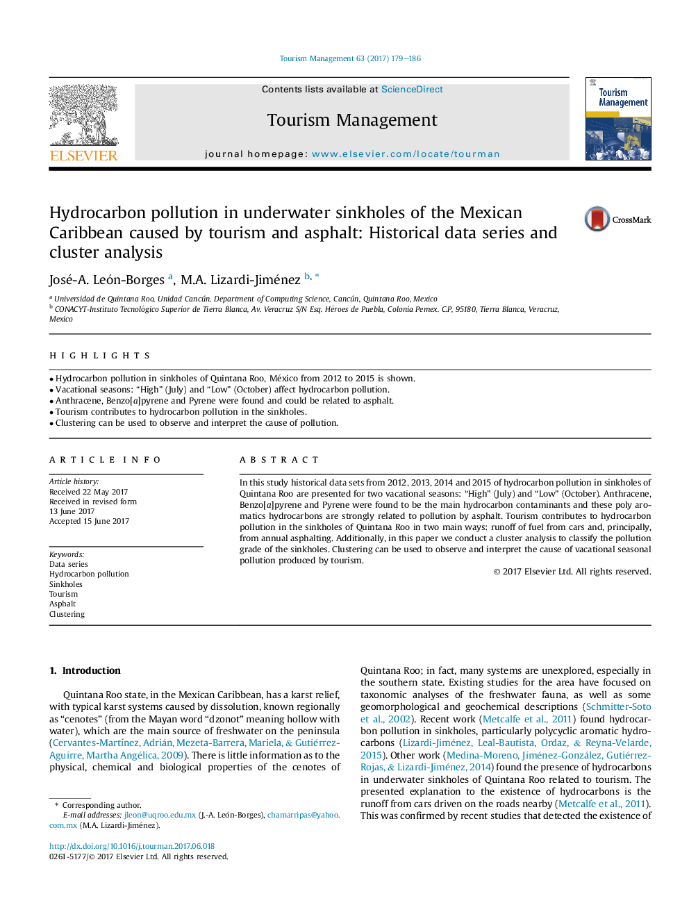 Hydrocarbon pollution in underwater sinkholes of the Mexican Caribbean caused by tourism and asphalt: Historical data series and cluster analysis