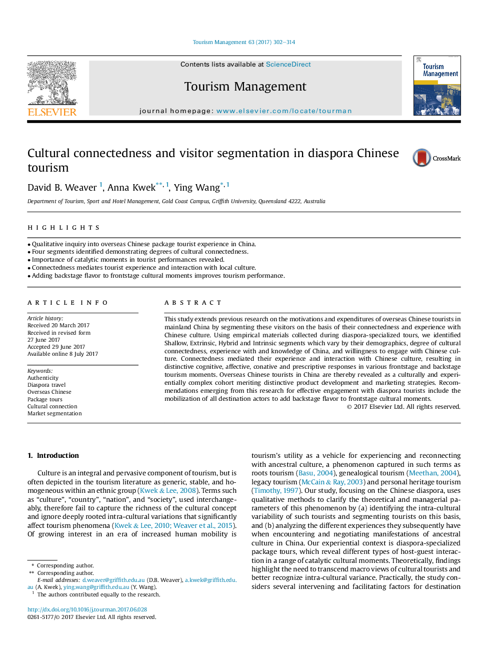 Cultural connectedness and visitor segmentation in diaspora Chinese tourism