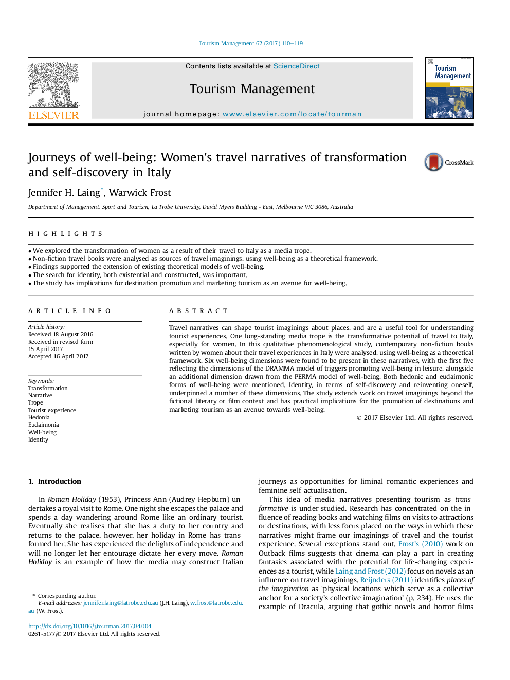 Journeys of well-being: Women's travel narratives of transformation and self-discovery in Italy