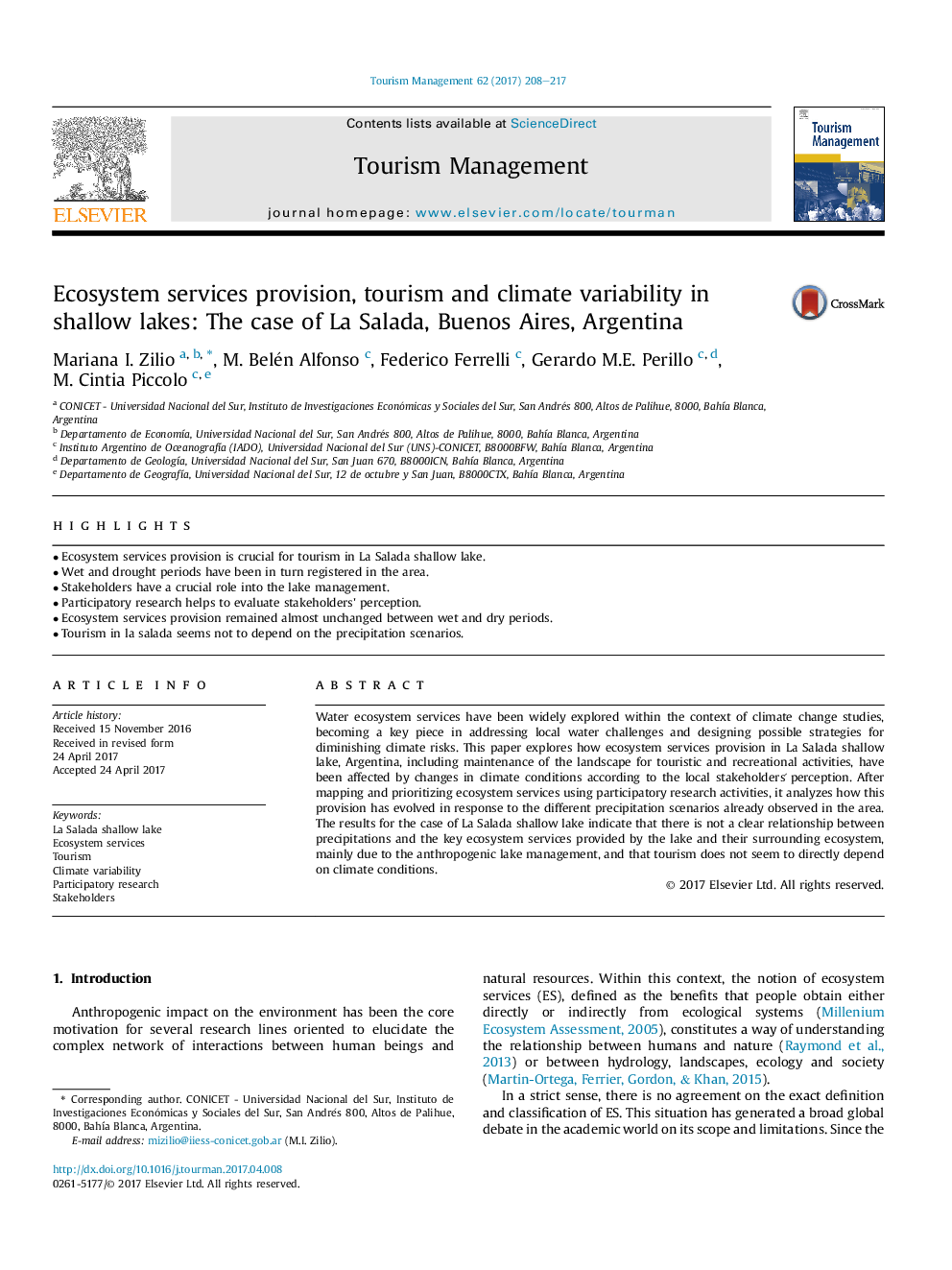 Ecosystem services provision, tourism and climate variability in shallow lakes: The case of La Salada, Buenos Aires, Argentina