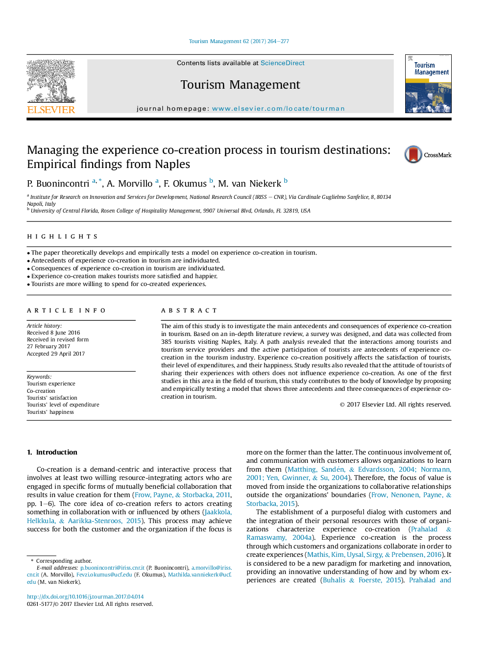 Managing the experience co-creation process in tourism destinations: Empirical findings from Naples