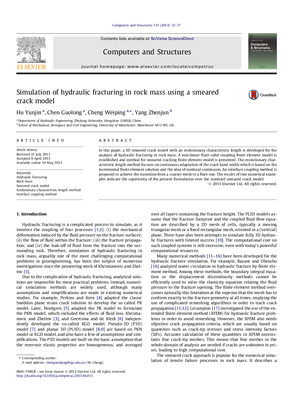 Simulation of hydraulic fracturing in rock mass using a smeared crack model