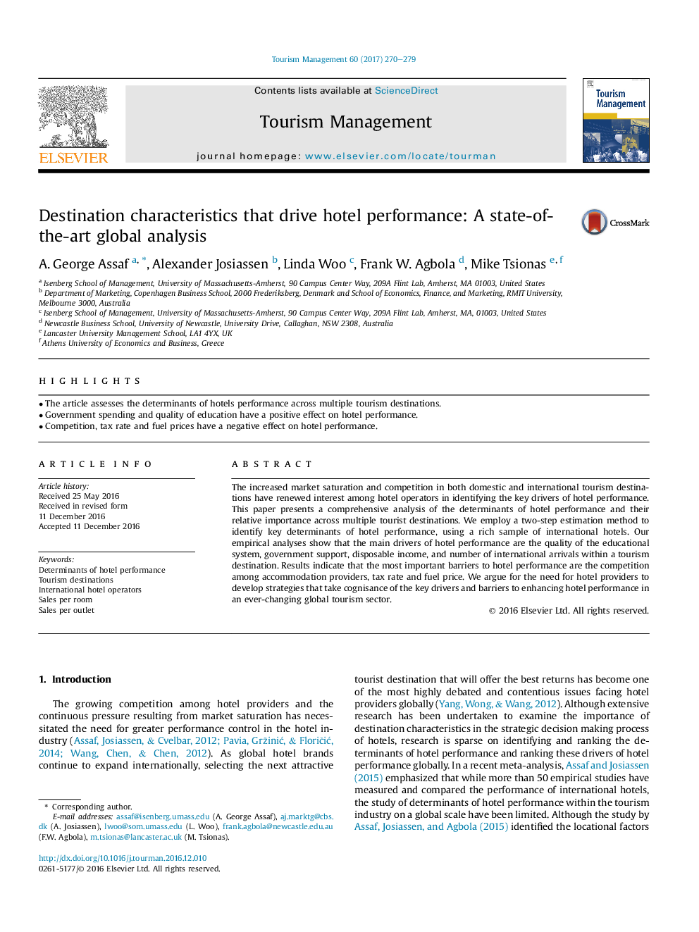 Destination characteristics that drive hotel performance: A state-of-the-artÂ global analysis