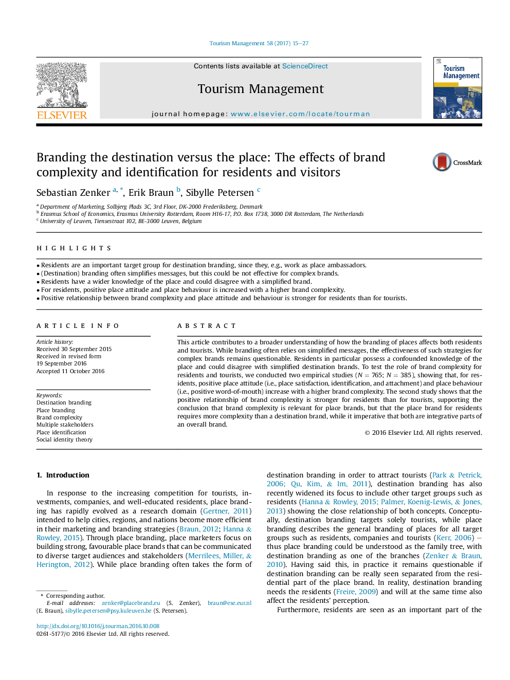 Branding the destination versus the place: The effects of brand complexity and identification for residents and visitors