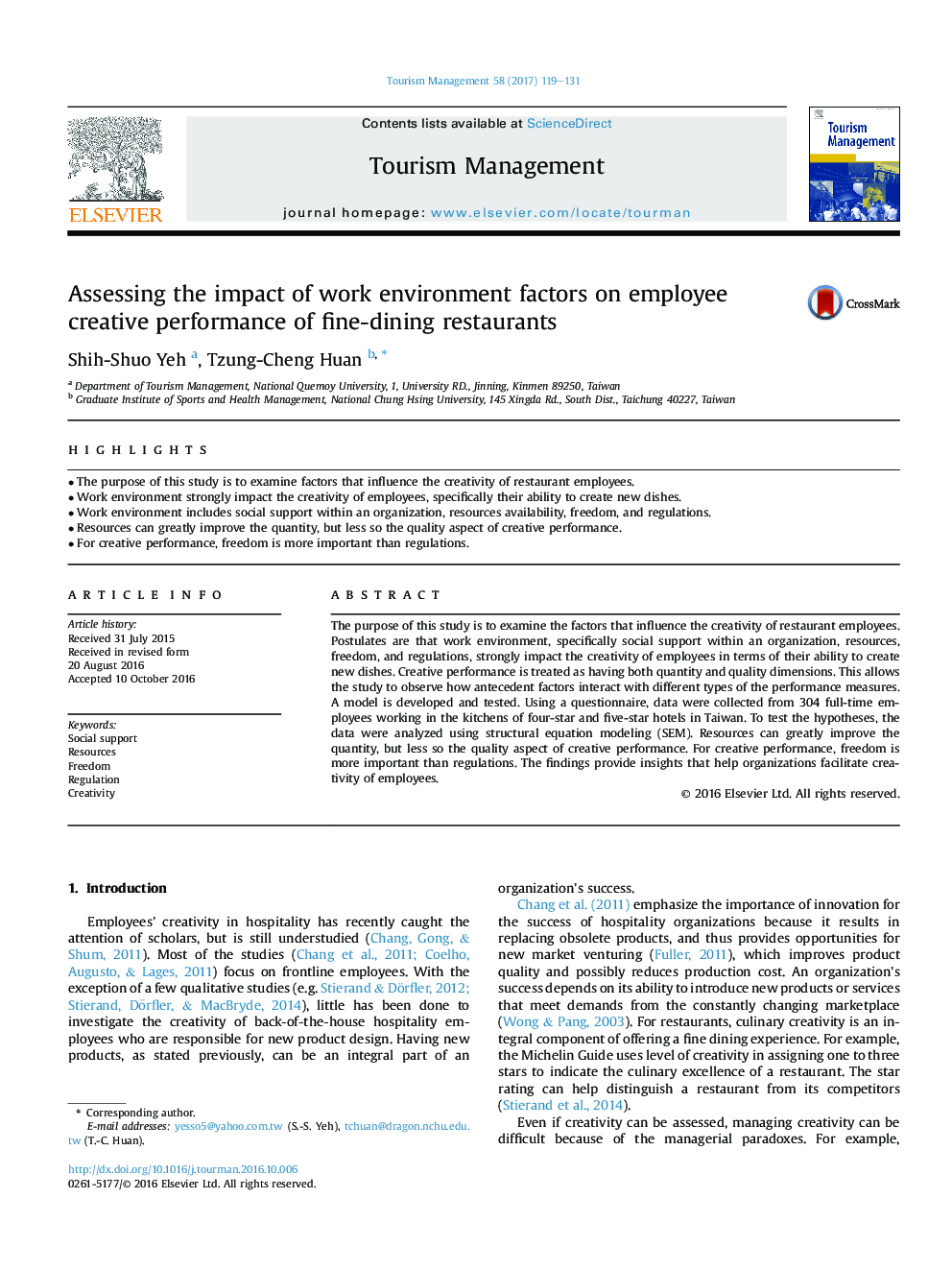 Assessing the impact of work environment factors on employee creative performance of fine-dining restaurants