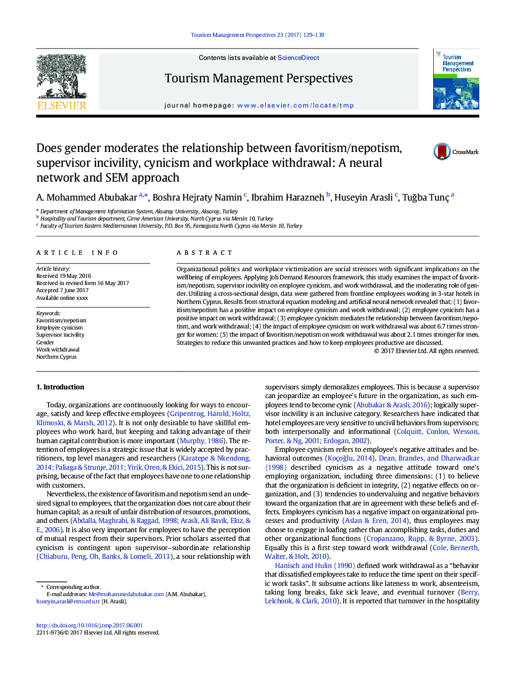 Does gender moderates the relationship between favoritism/nepotism, supervisor incivility, cynicism and workplace withdrawal: A neural network and SEM approach