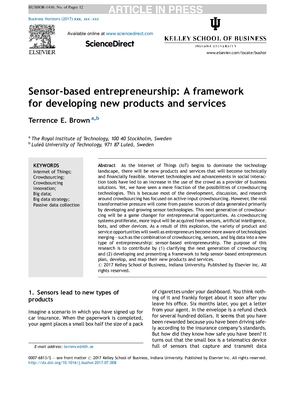 Sensor-based entrepreneurship: A framework for developing new products and services