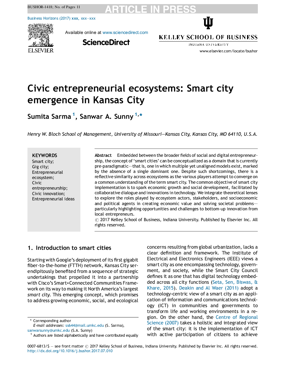 Civic entrepreneurial ecosystems: Smart city emergence in Kansas City