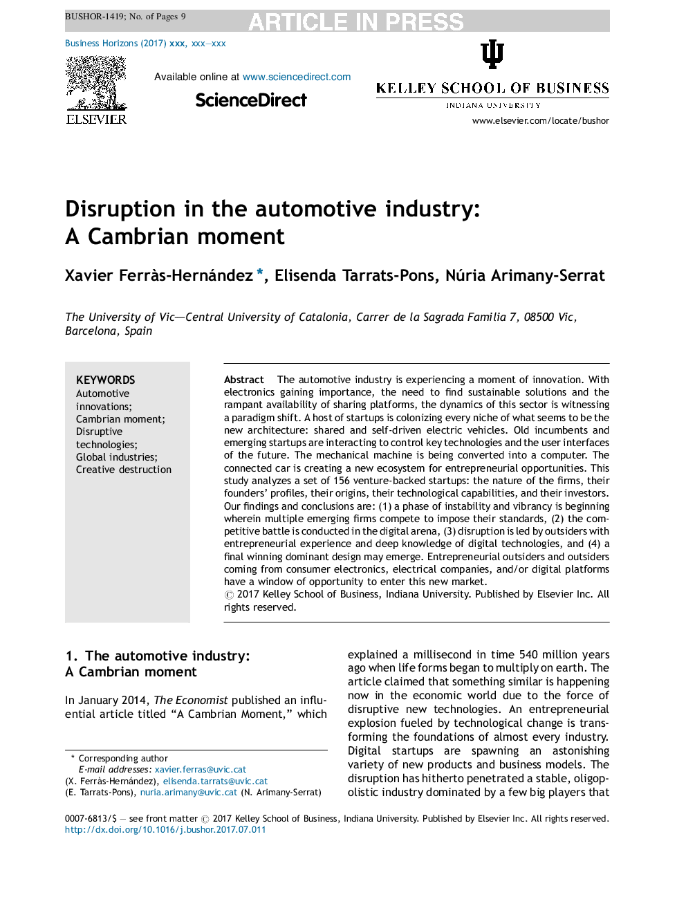 Disruption in the automotive industry: A Cambrian moment