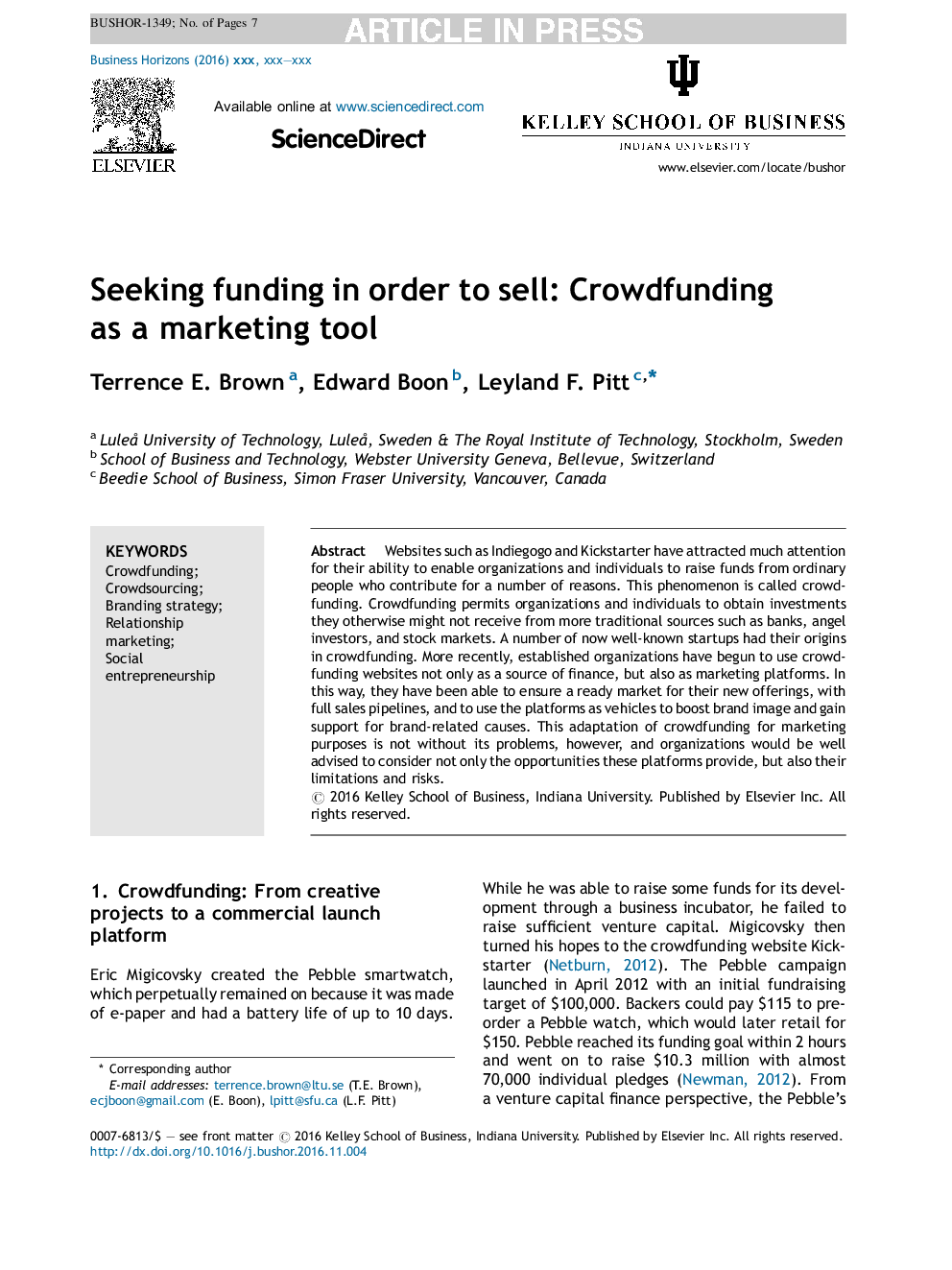 Seeking funding in order to sell: Crowdfunding as a marketing tool