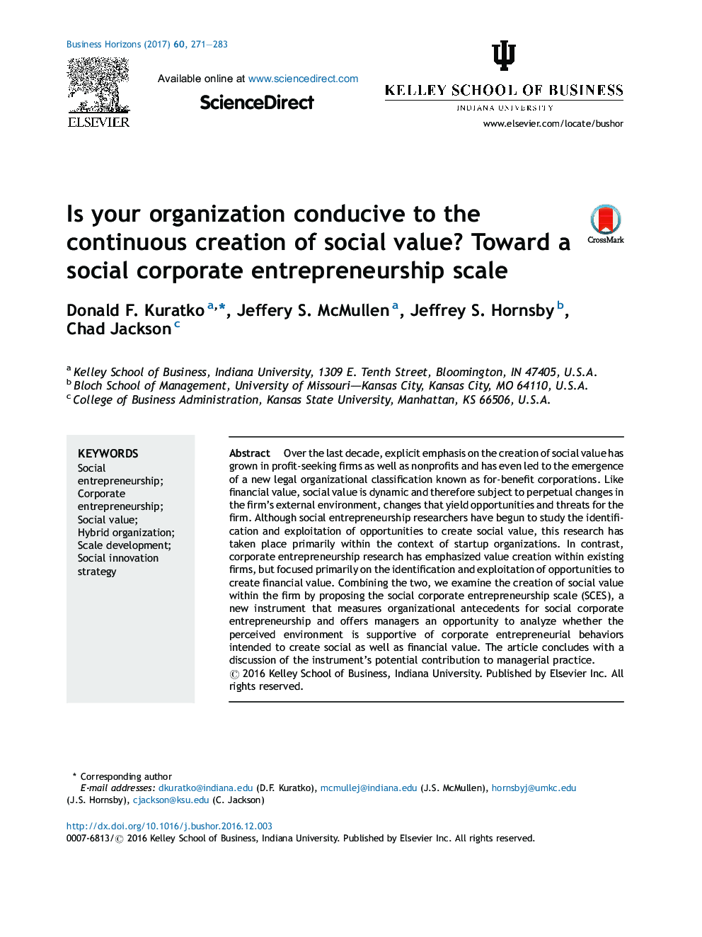 Is your organization conducive to the continuous creation of social value? Toward a social corporate entrepreneurship scale