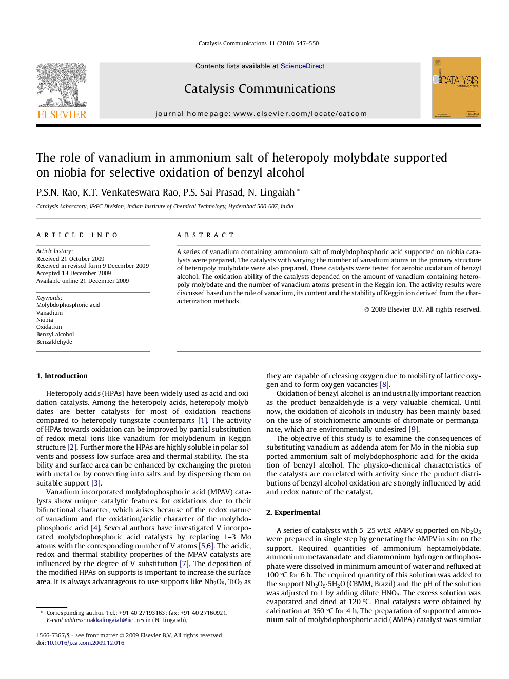 The role of vanadium in ammonium salt of heteropoly molybdate supported on niobia for selective oxidation of benzyl alcohol