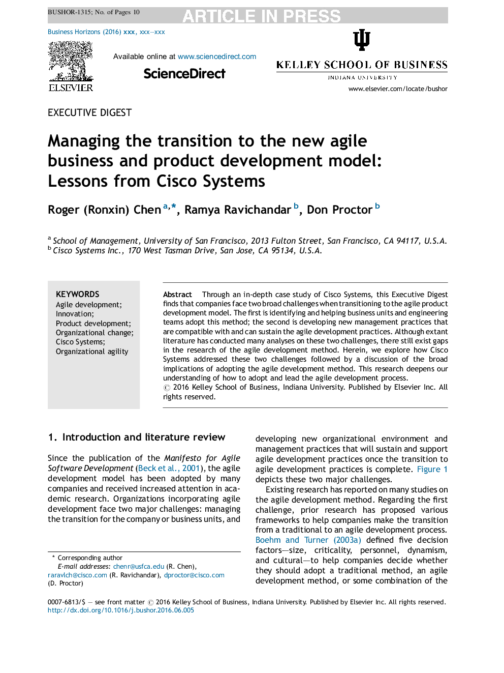 Managing the transition to the new agile business and product development model: Lessons from Cisco Systems