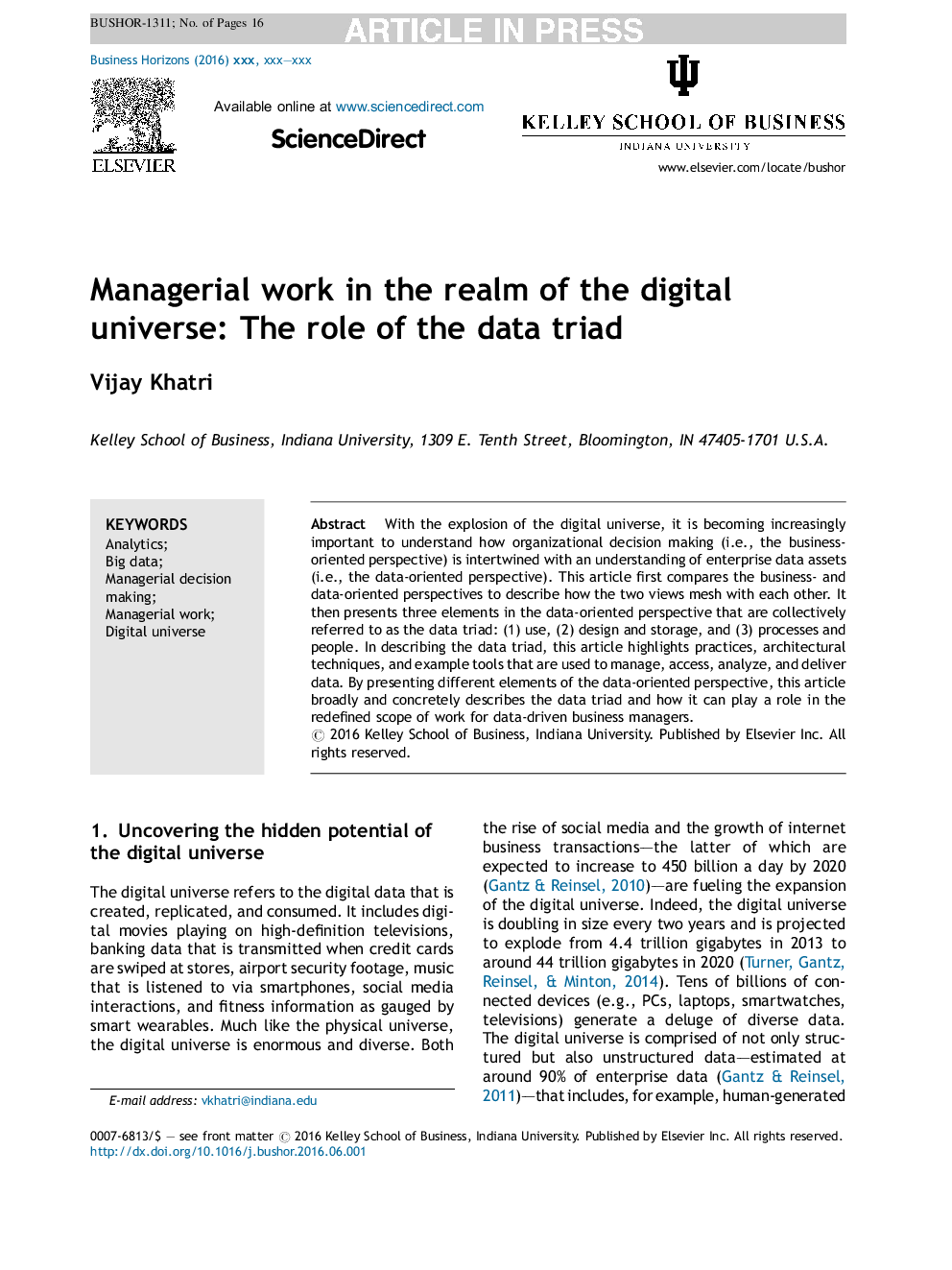 Managerial work in the realm of the digital universe: The role of the data triad