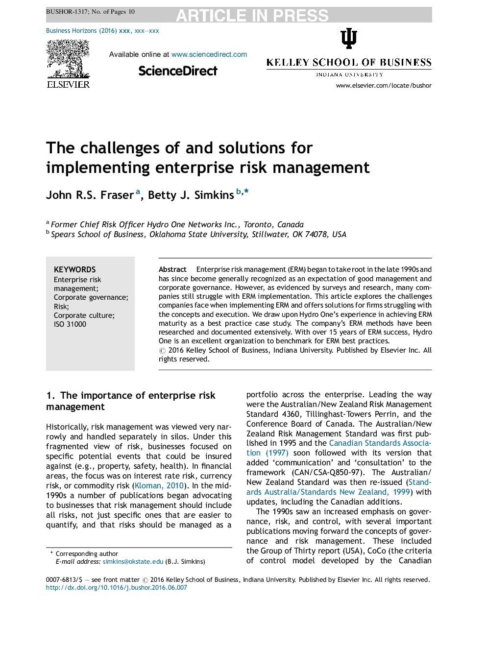 The challenges of and solutions for implementing enterprise risk management