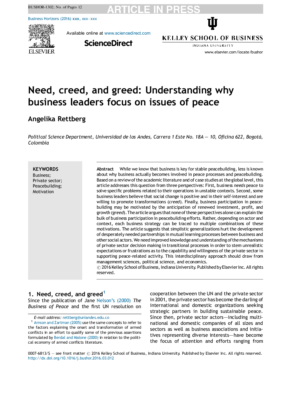 Need, creed, and greed: Understanding why business leaders focus on issues of peace